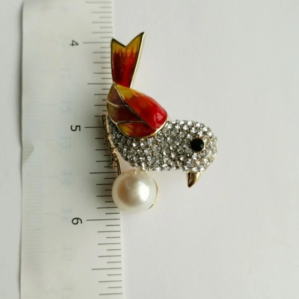 NEW Genuine Freshwater Pearl Crystal and Enamel Bird Brooch